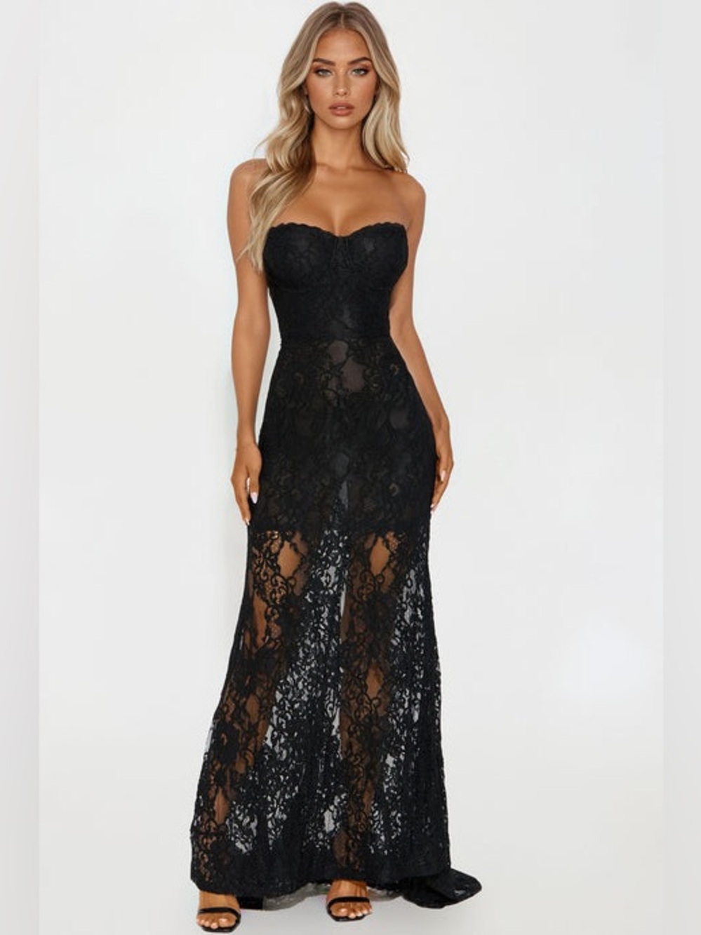 NWT Fashion Nova Women's Hanna Sheer Lace Maxi Dress in Black Size Small